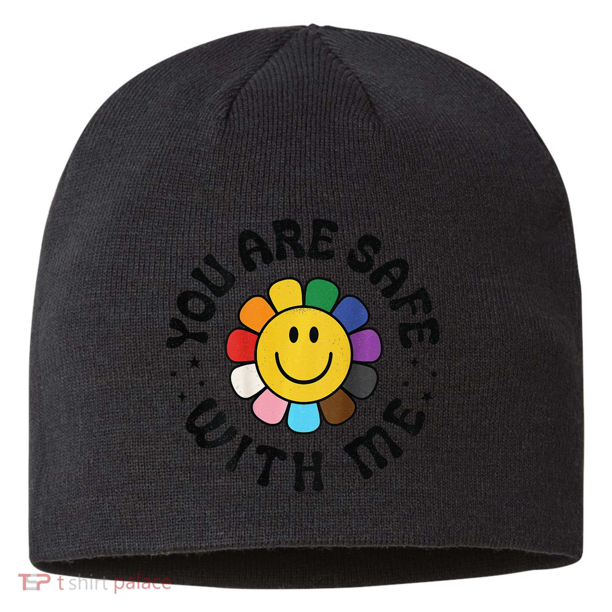 You Are Safe With Me Lgbtq Pride Ally Smile Face Back Sustainable Beanie