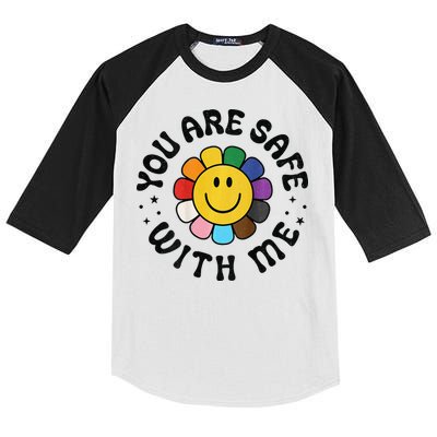 You Are Safe With Me Lgbtq Pride Ally Smile Face Back Kids Colorblock Raglan Jersey