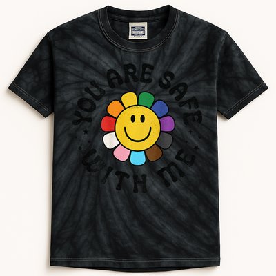 You Are Safe With Me Lgbtq Pride Ally Smile Face Back Kids Tie-Dye T-Shirt