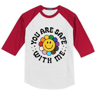 You Are Safe With Me Lgbtq Pride Ally Smile Face Back Kids Colorblock Raglan Jersey