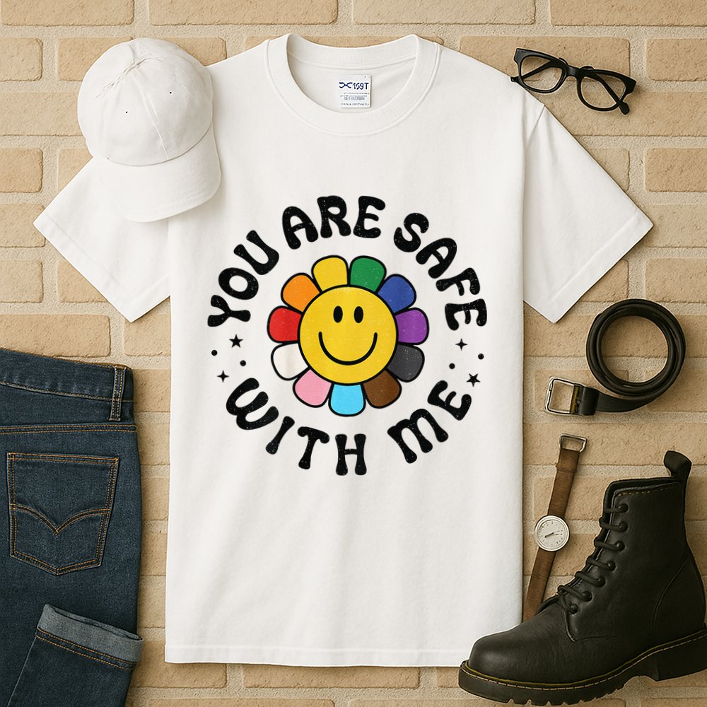 You Are Safe With Me Lgbtq Pride Ally Smile Face Back Tall T-Shirt
