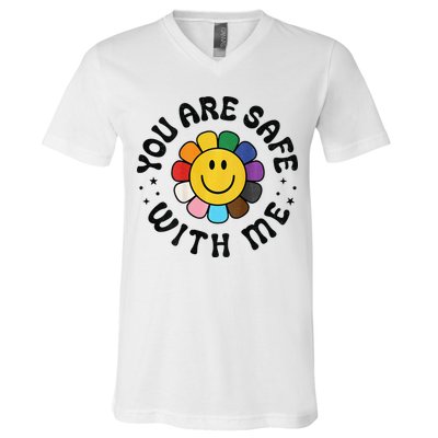 You Are Safe With Me Lgbtq Pride Ally Smile Face Back V-Neck T-Shirt