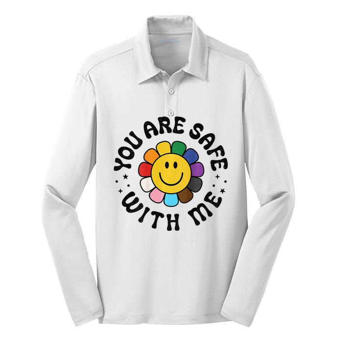 You Are Safe With Me Lgbtq Pride Ally Smile Face Back Silk Touch Performance Long Sleeve Polo