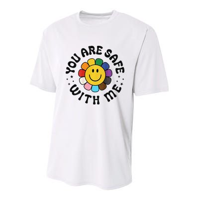 You Are Safe With Me Lgbtq Pride Ally Smile Face Back Youth Performance Sprint T-Shirt