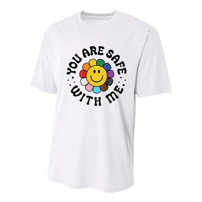 You Are Safe With Me Lgbtq Pride Ally Smile Face Back Youth Performance Sprint T-Shirt