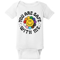 You Are Safe With Me Lgbtq Pride Ally Smile Face Back Baby Bodysuit