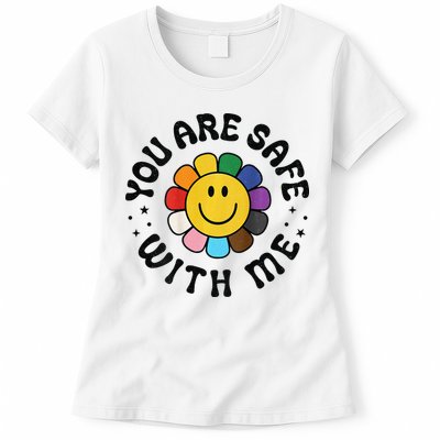 You Are Safe With Me Lgbtq Pride Ally Smile Face Back Womens T-Shirt