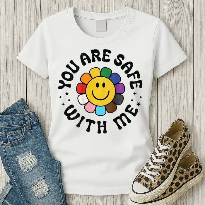 You Are Safe With Me Lgbtq Pride Ally Smile Face Back Womens T-Shirt