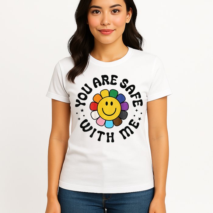 You Are Safe With Me Lgbtq Pride Ally Smile Face Back Womens T-Shirt