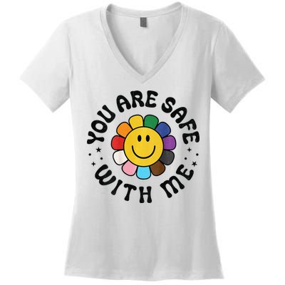 You Are Safe With Me Lgbtq Pride Ally Smile Face Back Women's V-Neck T-Shirt