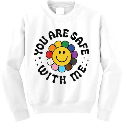 You Are Safe With Me Lgbtq Pride Ally Smile Face Back Kids Sweatshirt