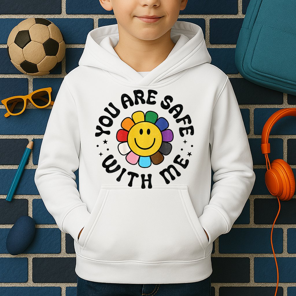 You Are Safe With Me Lgbtq Pride Ally Smile Face Back Kids Hoodie