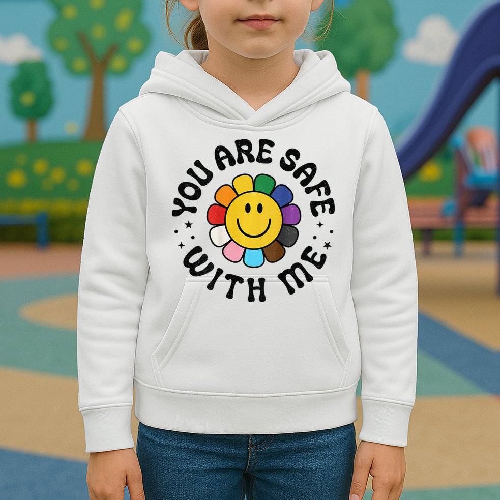 You Are Safe With Me Lgbtq Pride Ally Smile Face Back Kids Hoodie