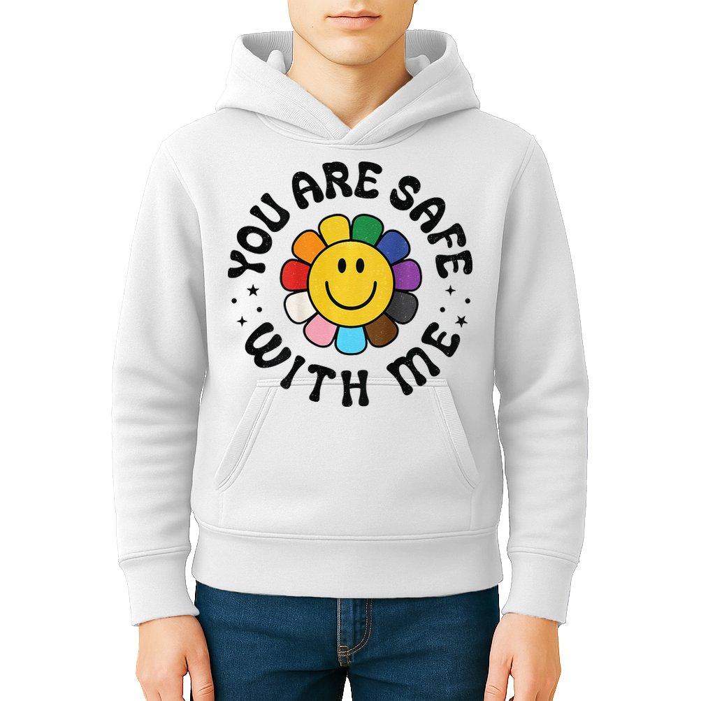 You Are Safe With Me Lgbtq Pride Ally Smile Face Back Kids Hoodie