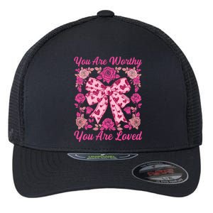 You Are Worthy Loved Boho ValentineS Day Heart Coquette Bow Cute Gift Flexfit Unipanel Trucker Cap