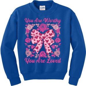 You Are Worthy Loved Boho ValentineS Day Heart Coquette Bow Cute Gift Kids Sweatshirt