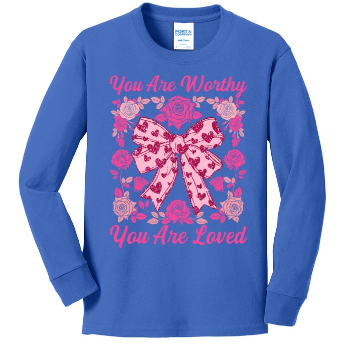 You Are Worthy Loved Boho ValentineS Day Heart Coquette Bow Cute Gift Kids Long Sleeve Shirt