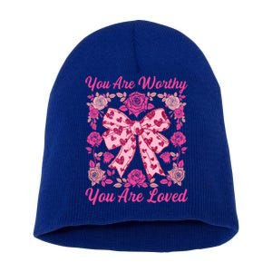 You Are Worthy Loved Boho ValentineS Day Heart Coquette Bow Cute Gift Short Acrylic Beanie