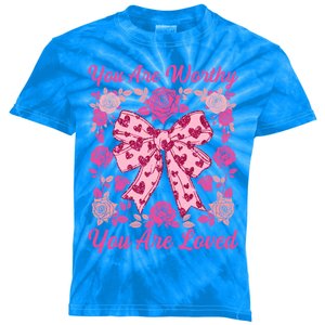 You Are Worthy Loved Boho ValentineS Day Heart Coquette Bow Cute Gift Kids Tie-Dye T-Shirt