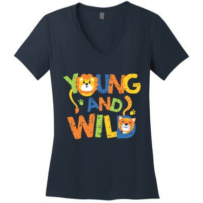 Young And Wild Typography Cute Animal Women's V-Neck T-Shirt