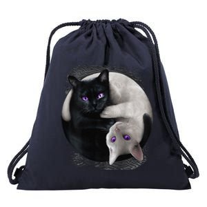 Yin And Yang Black Cat And White Cat Halloween For Drawstring Bag