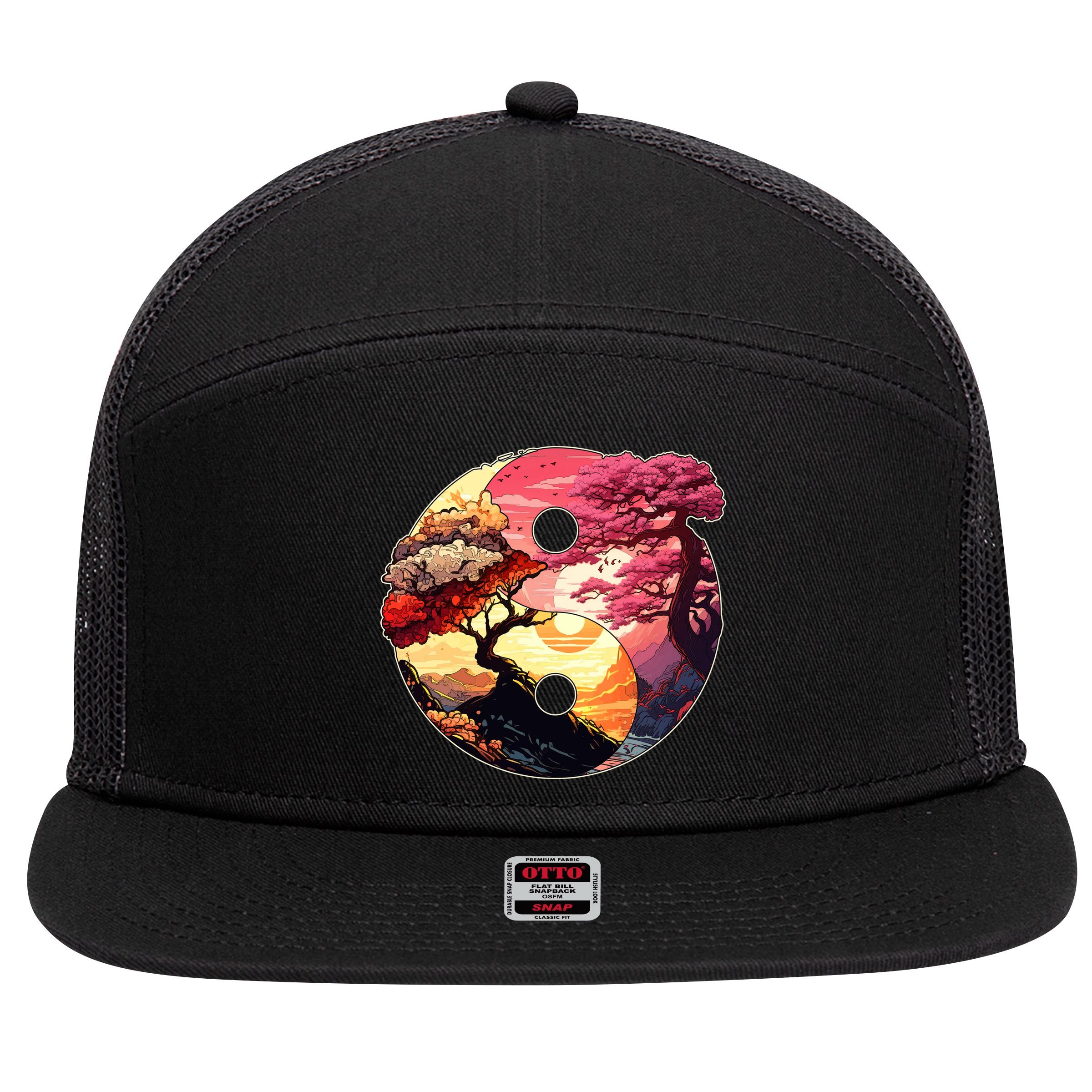 Yin And Yang Japanese Bonsai Trees Seasons Fall Spring 7 Panel Mesh Trucker Snapback Hat