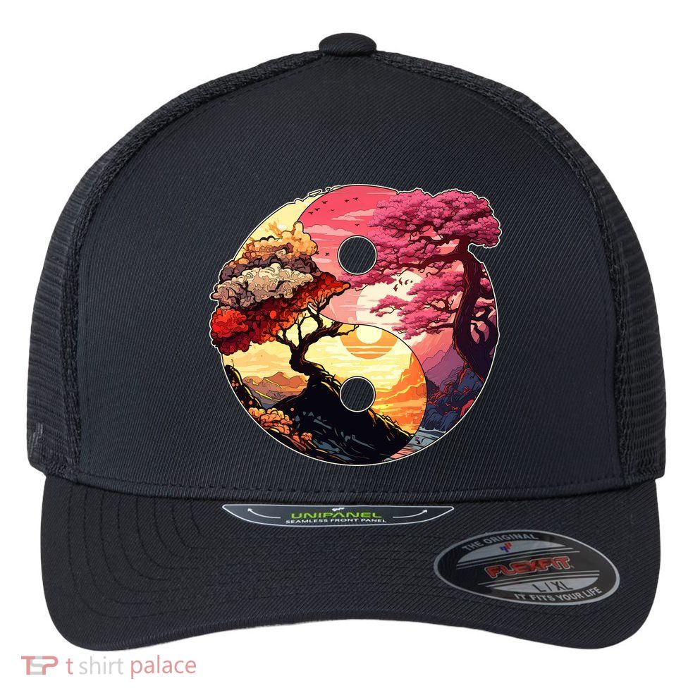 Yin And Yang Japanese Bonsai Trees Seasons Fall Spring Flexfit Unipanel Trucker Cap