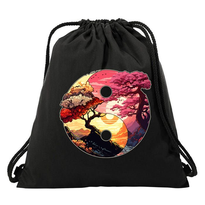 Yin And Yang Japanese Bonsai Trees Seasons Fall Spring Drawstring Bag