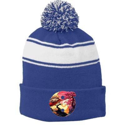 Yin And Yang Japanese Bonsai Trees Seasons Fall Spring Stripe Pom Pom Beanie