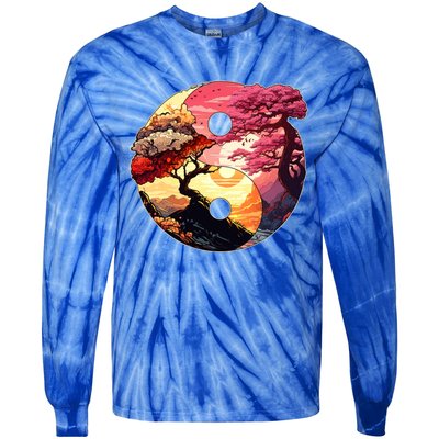 Yin And Yang Japanese Bonsai Trees Seasons Fall Spring Tie-Dye Long Sleeve Shirt