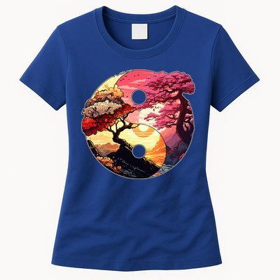 Yin And Yang Japanese Bonsai Trees Seasons Fall Spring Womens T-Shirt