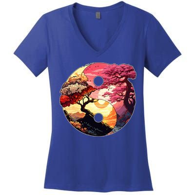 Yin And Yang Japanese Bonsai Trees Seasons Fall Spring Women's V-Neck T-Shirt