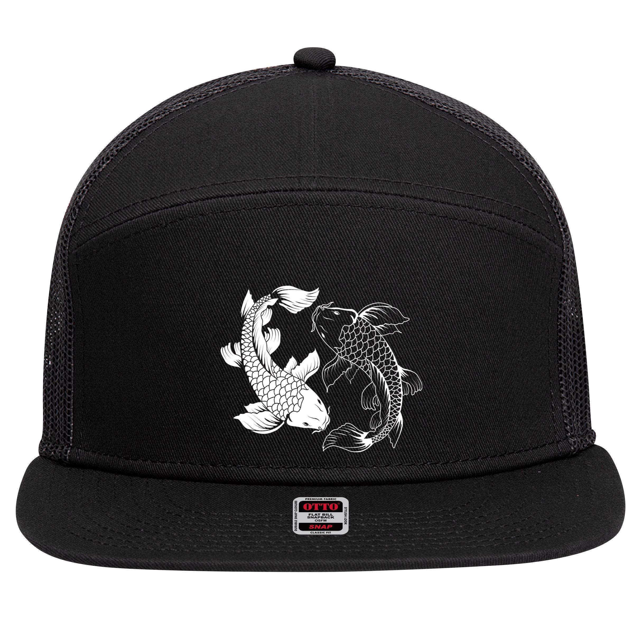 Yin And Yang Japanese Koi Fish 7 Panel Mesh Trucker Snapback Hat