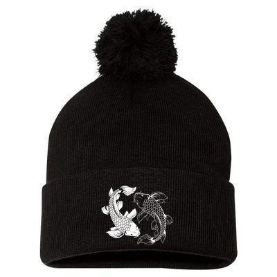 Yin And Yang Japanese Koi Fish Pom Pom 12in Knit Beanie