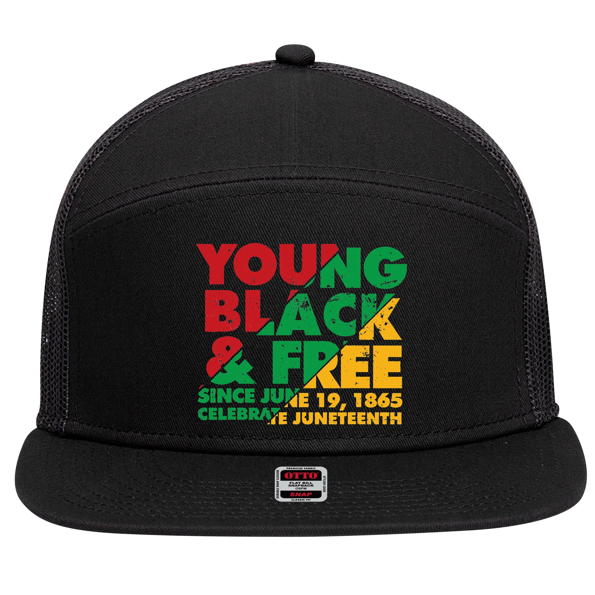 Young Black and Free novelty Juneteenth 7 Panel Mesh Trucker Snapback Hat