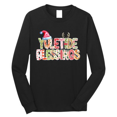 Yuletide Blessings Christmas Santa’S Hat Reindeer Antlers Long Sleeve Shirt