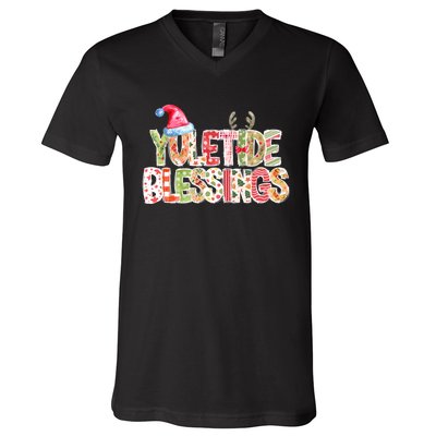 Yuletide Blessings Christmas Santa’S Hat Reindeer Antlers V-Neck T-Shirt