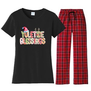 Yuletide Blessings Christmas Santa’S Hat Reindeer Antlers Women's Flannel Pajama Set