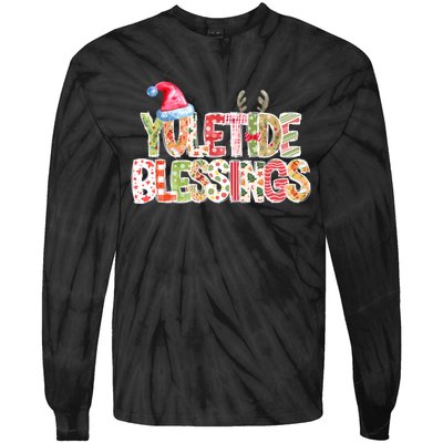 Yuletide Blessings Christmas Santa’S Hat Reindeer Antlers Tie-Dye Long Sleeve Shirt