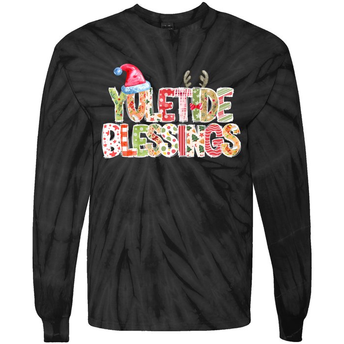 Yuletide Blessings Christmas Santa’S Hat Reindeer Antlers Tie-Dye Long Sleeve Shirt