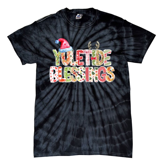 Yuletide Blessings Christmas Santa’S Hat Reindeer Antlers Tie-Dye T-Shirt