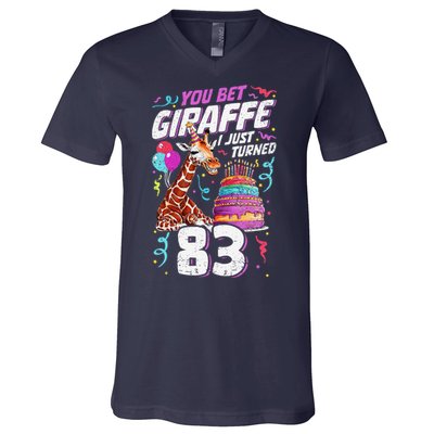 You Bet Giraffe I Just Turned 83 Funny 83rd Birthday V-Neck T-Shirt