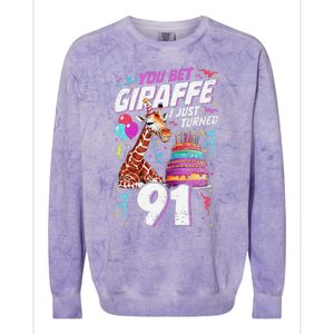 You Bet Giraffe I Just Turned 91 Funny 91st Birthday Colorblast Crewneck Sweatshirt