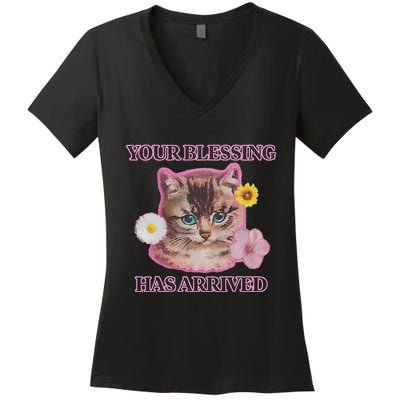 Your Blessing Has Arrived Cat & Funny Silly Catr Blessing Has Arrived Cat & Funn Women's V-Neck T-Shirt