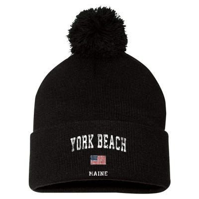 York Beach Maine Me Vintage American Flag Sports Design Pom Pom 12in Knit Beanie