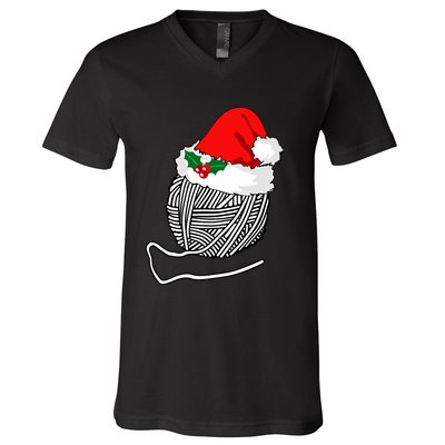 Yarn Ball Santa Knitting Christmas Xmas Hat V-Neck T-Shirt