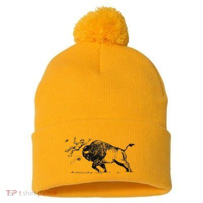 Yellowstone Bison Toss Warning Flyer Pom Pom 12in Knit Beanie