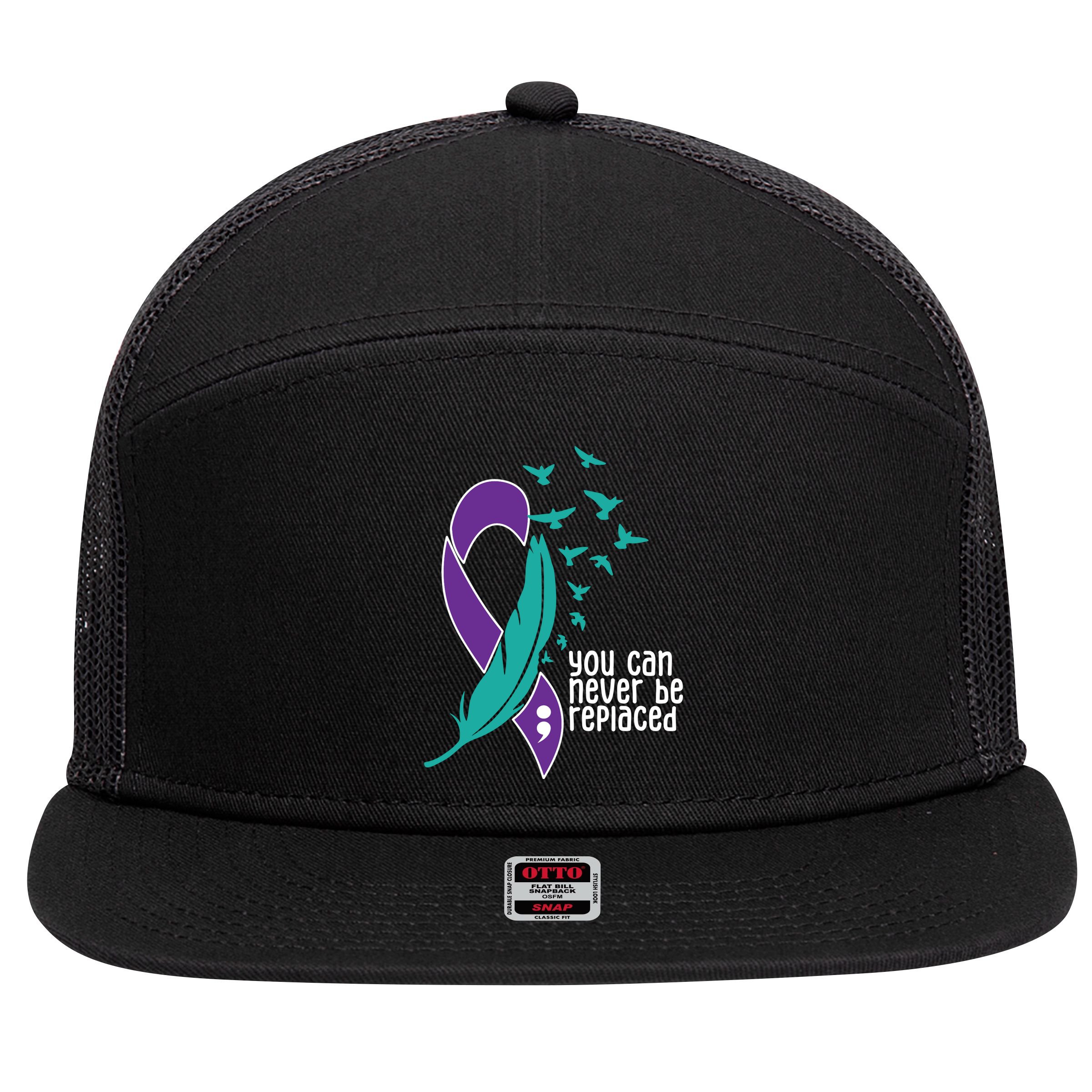 You Can Never Be Replaced Suicide Awareness 7 Panel Mesh Trucker Snapback Hat
