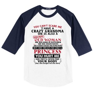 You Can't Scare Me I Have A Crazy Grandma September Grandma Gift Baseball Sleeve Shirt