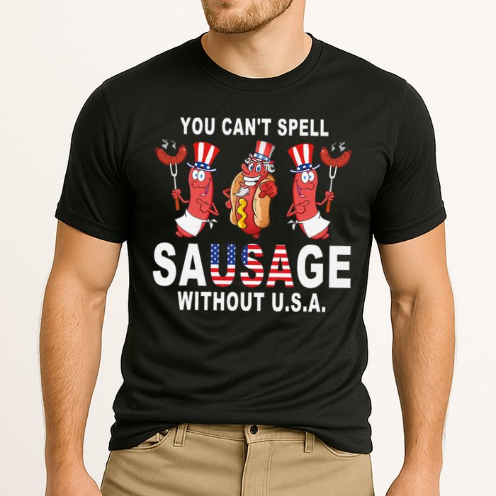 You Cant Spell Sausage Without USA 4th of July American Flag Cooling Performance Crew T-Shirt